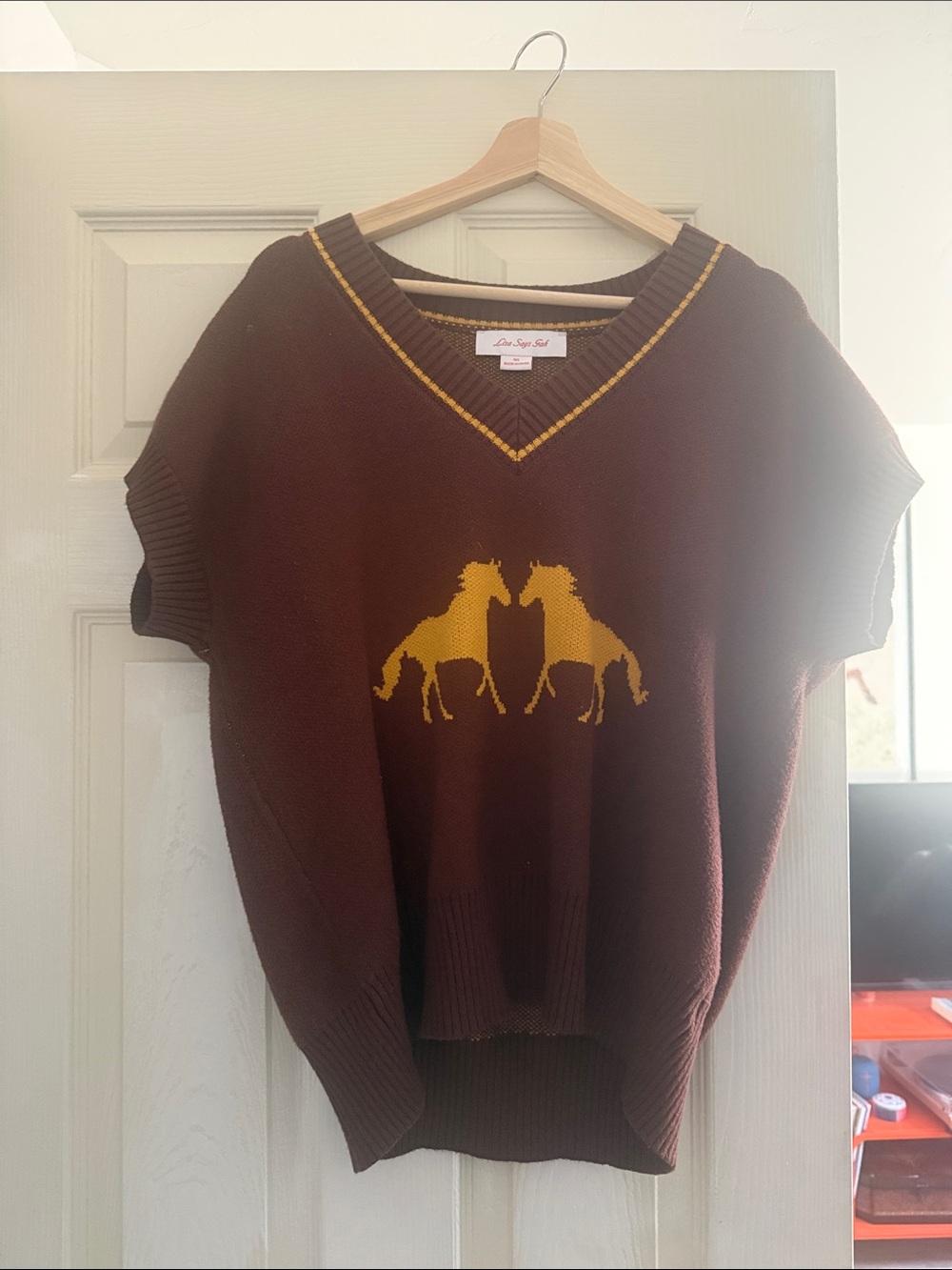 Lisa Says Gah Brown Sweater Vest with Mustard Stripe